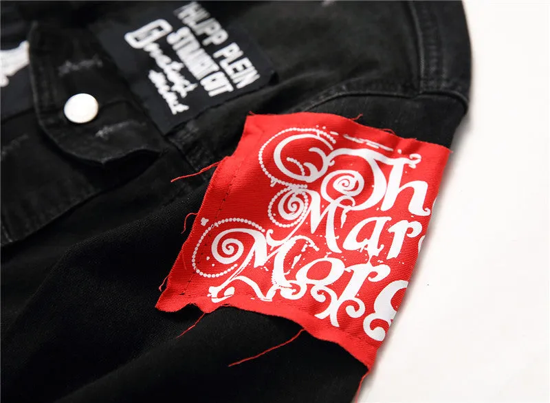 Patch Printed Men's Jean Jacket Elasticity Denim Jacket Coats