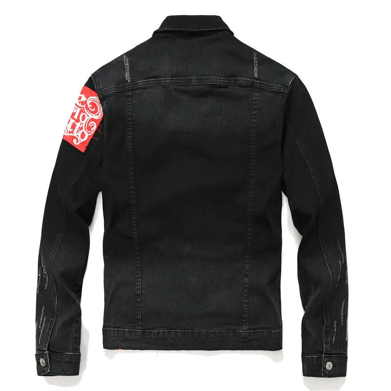 Patch Printed Men's Jean Jacket Elasticity Denim Jacket Coats