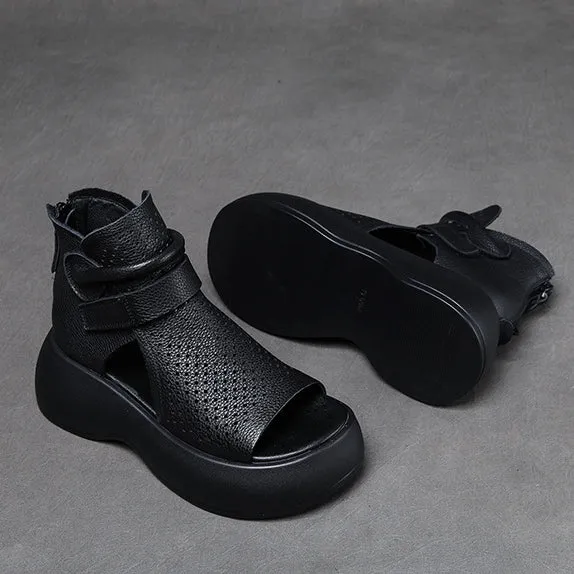 Peep Toe Hollow-out Breathable Rear Zipper Platform Sandals