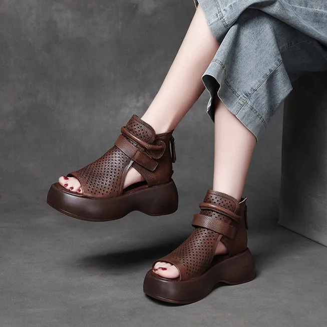 Peep Toe Hollow-out Breathable Rear Zipper Platform Sandals