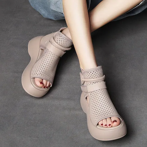 Peep Toe Hollow-out Breathable Rear Zipper Platform Sandals