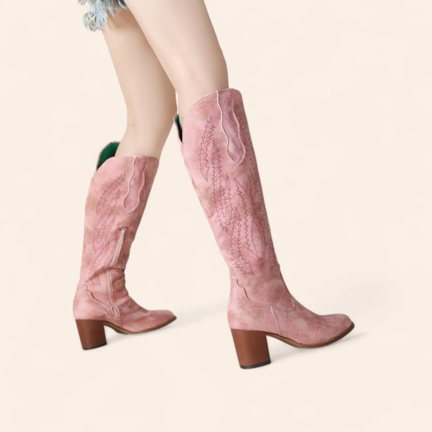 Pink suede cowboy boots with pink embroidery - N°73