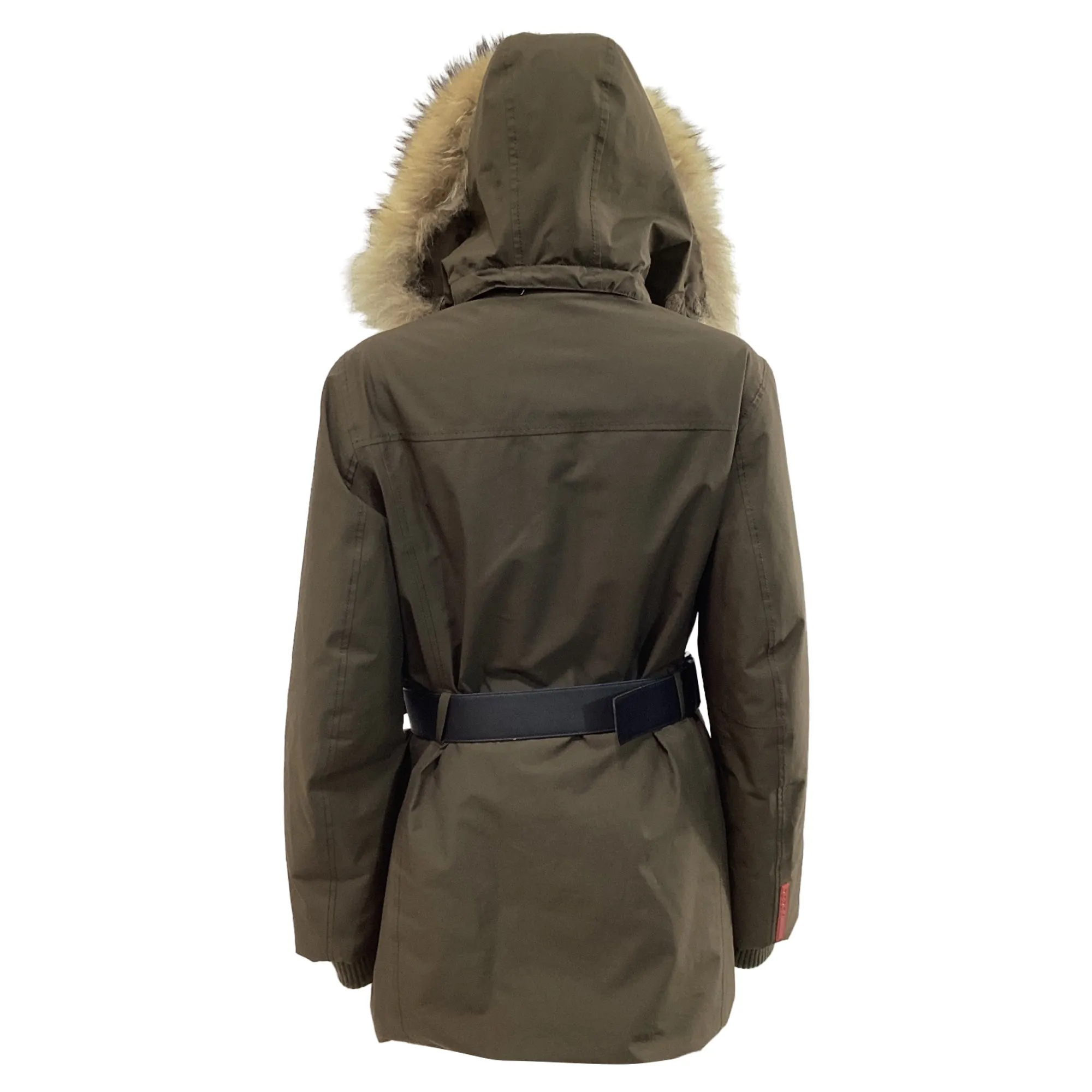 Prada Fur-Trimmed Hood Parka Jacket with Belt Bag in Olive Green Polyester