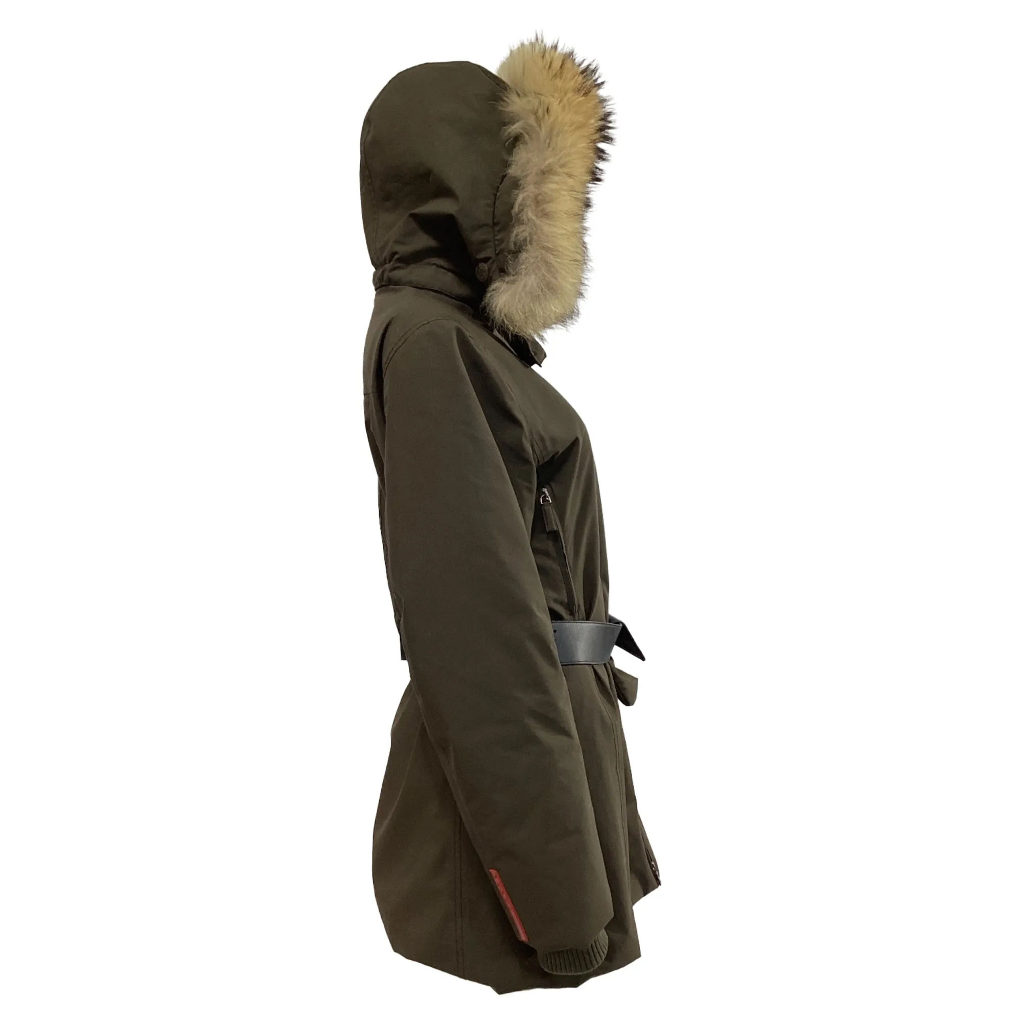 Prada Fur-Trimmed Hood Parka Jacket with Belt Bag in Olive Green Polyester