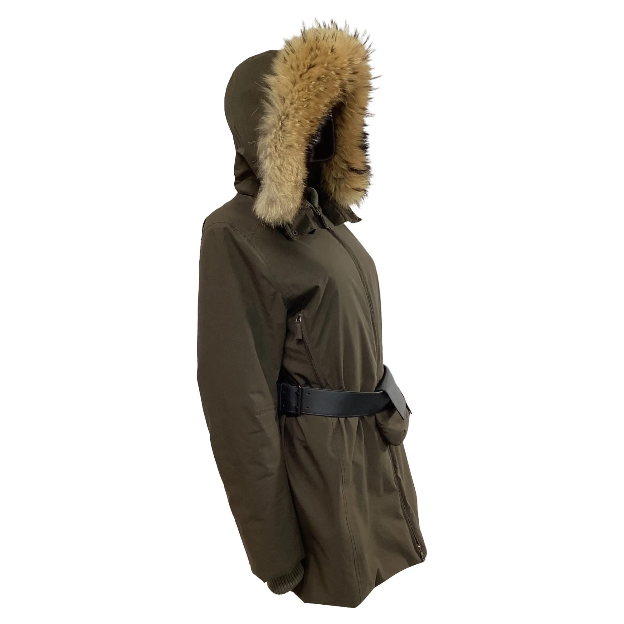 Prada Fur-Trimmed Hood Parka Jacket with Belt Bag in Olive Green Polyester