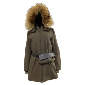 Prada Fur-Trimmed Hood Parka Jacket with Belt Bag in Olive Green Polyester