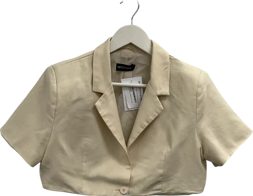 PrettyLittleThing Beige Linen Look Short Sleeve Cropped Blazer UK 10