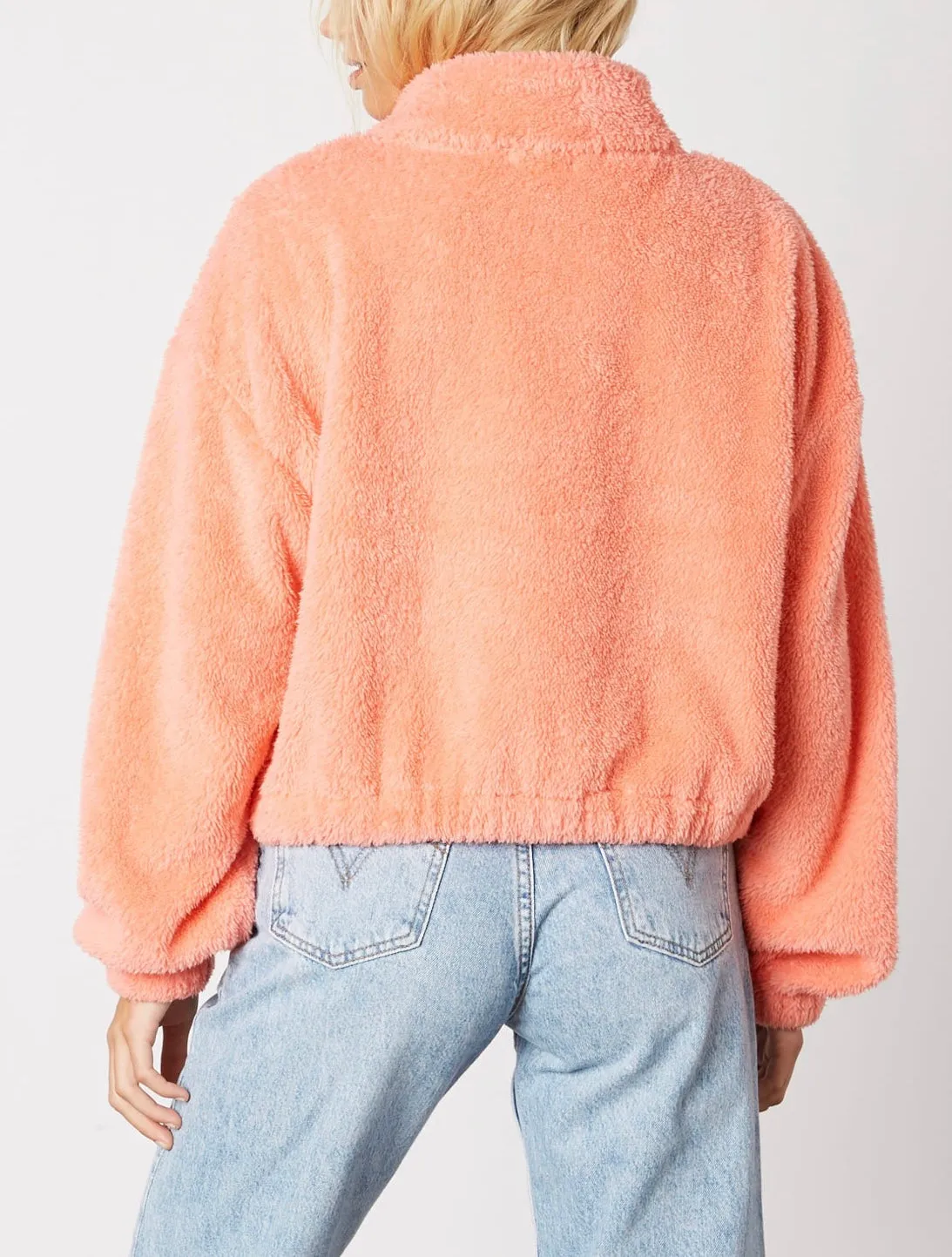 Quarter Zip Drop Shoulder Long Sleeve Mock Neck Teddy Fleece Cropped Sweatshirt