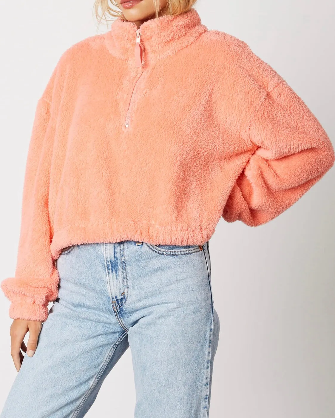 Quarter Zip Drop Shoulder Long Sleeve Mock Neck Teddy Fleece Cropped Sweatshirt