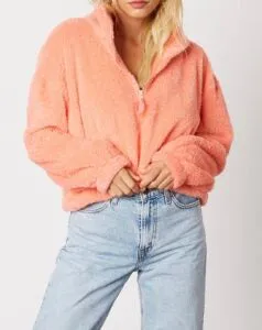 Quarter Zip Drop Shoulder Long Sleeve Mock Neck Teddy Fleece Cropped Sweatshirt