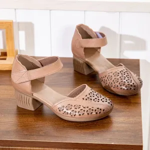 Retro Genuine Leather Hollow Out Breathable Sandals Summer Versatile Round Toe Thick Heel Women's Shoes