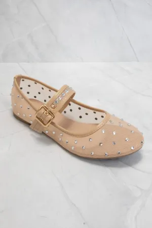 Rhinestone Embellished Mesh Mary Jane Flats