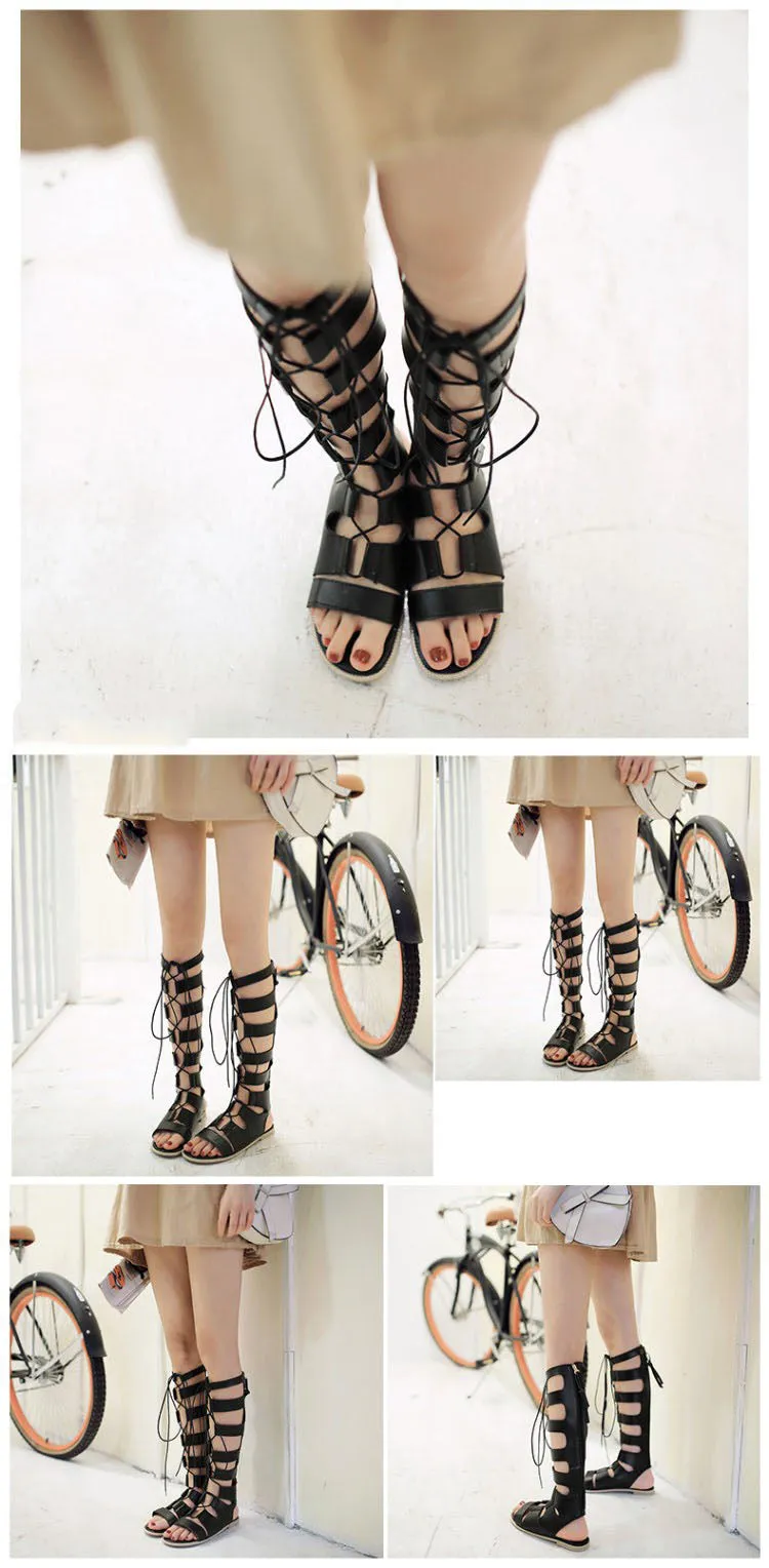 Sexy Hollow Rome Net Boots Cross Straps High Tube Flat with Cool Boots Breathable Sandals Spring and Summer