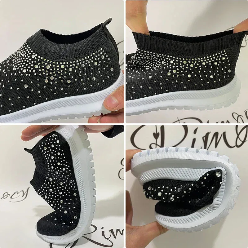 Shiny oversized crystal flats for women with breathable mesh and soft sole