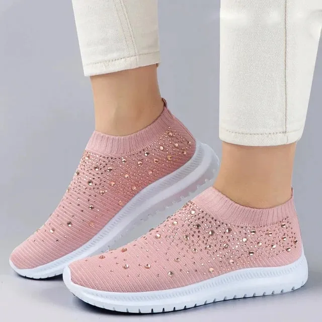 Shiny oversized crystal flats for women with breathable mesh and soft sole