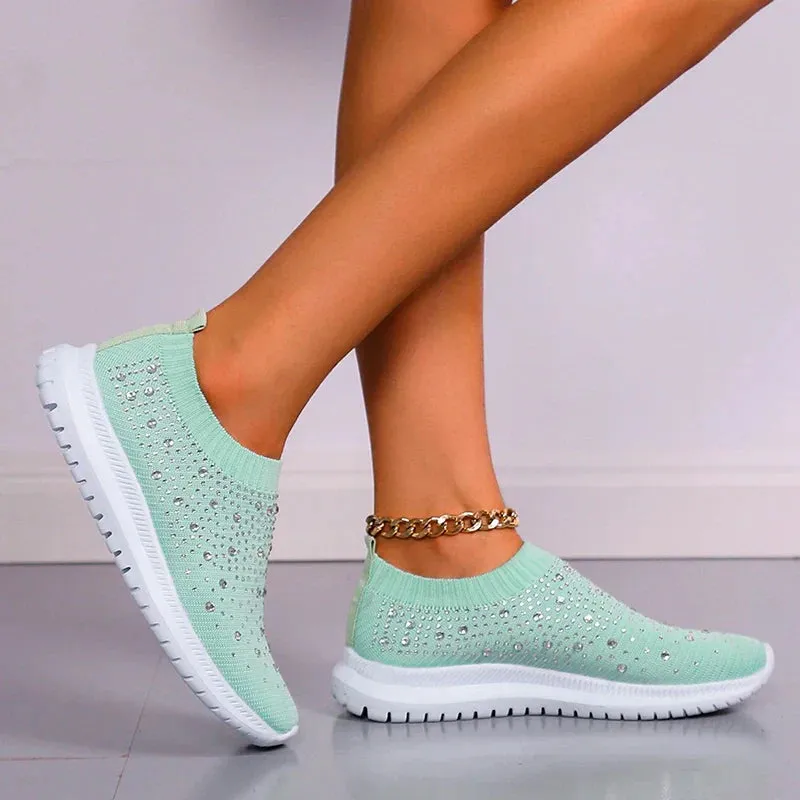 Shiny oversized crystal flats for women with breathable mesh and soft sole