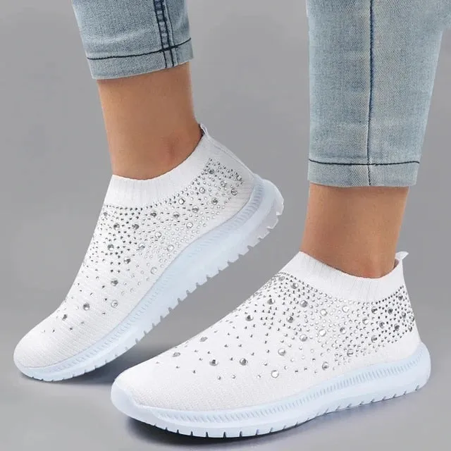 Shiny oversized crystal flats for women with breathable mesh and soft sole