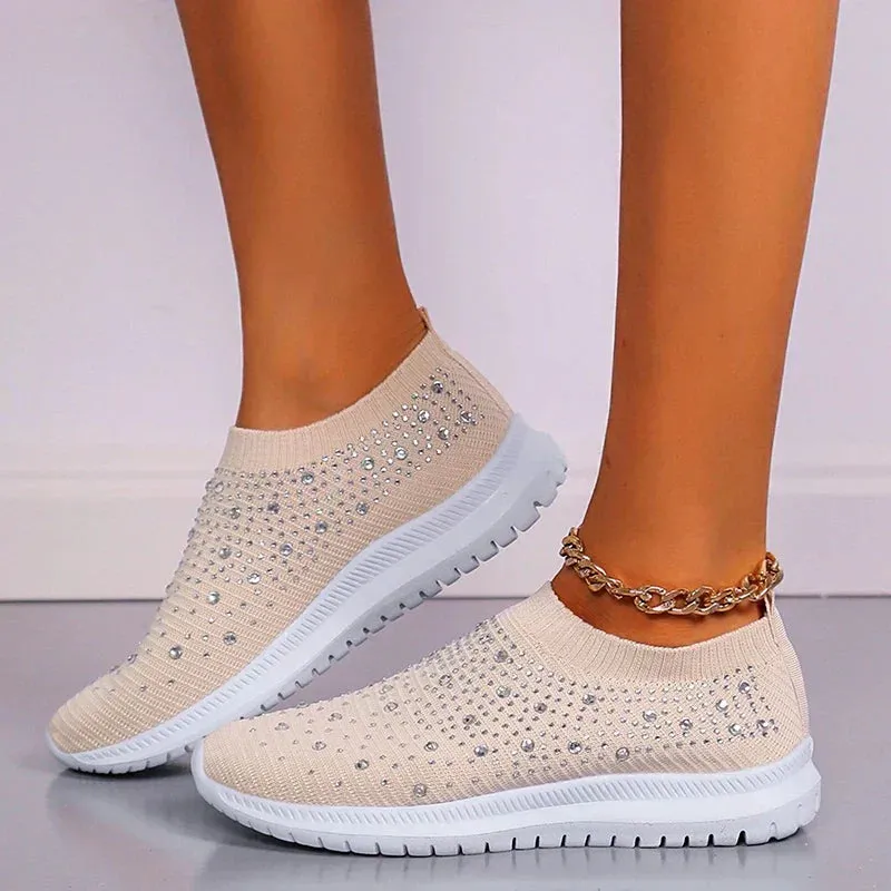 Shiny oversized crystal flats for women with breathable mesh and soft sole