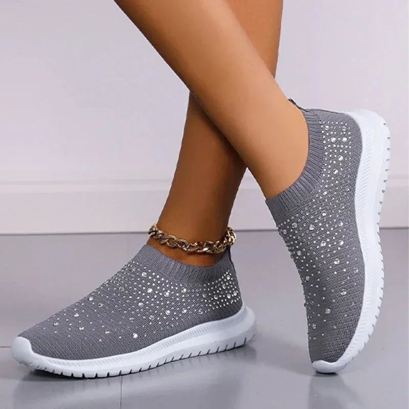 Shiny oversized crystal flats for women with breathable mesh and soft sole