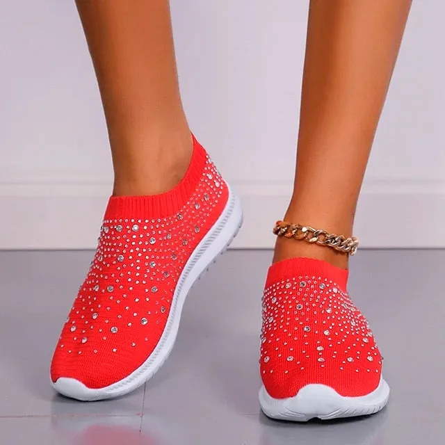 Shiny oversized crystal flats for women with breathable mesh and soft sole