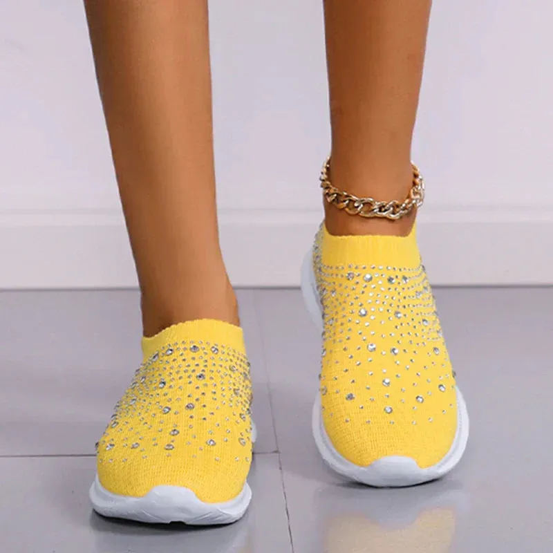 Shiny oversized crystal flats for women with breathable mesh and soft sole