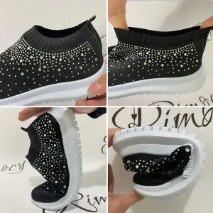 Shiny oversized crystal flats for women with breathable mesh and soft sole