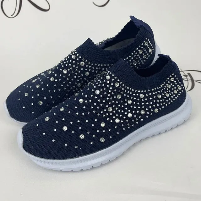 Shiny oversized crystal flats for women with breathable mesh and soft sole