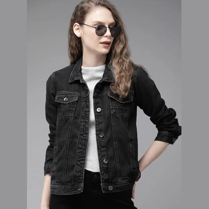 Solid Color Casual Ladies Denim Jacket Black