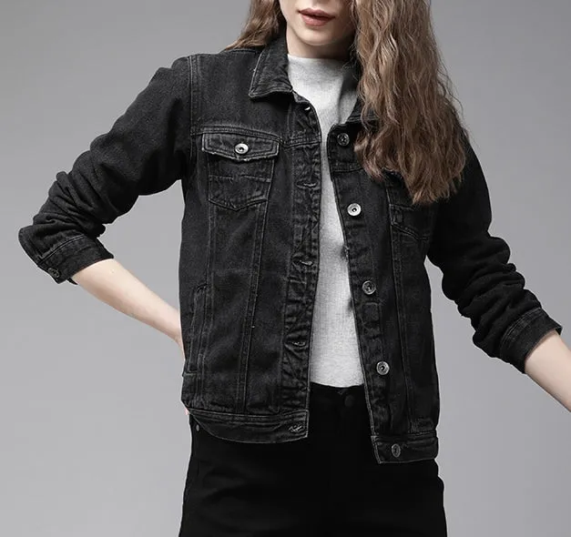 Solid Color Casual Ladies Denim Jacket Black