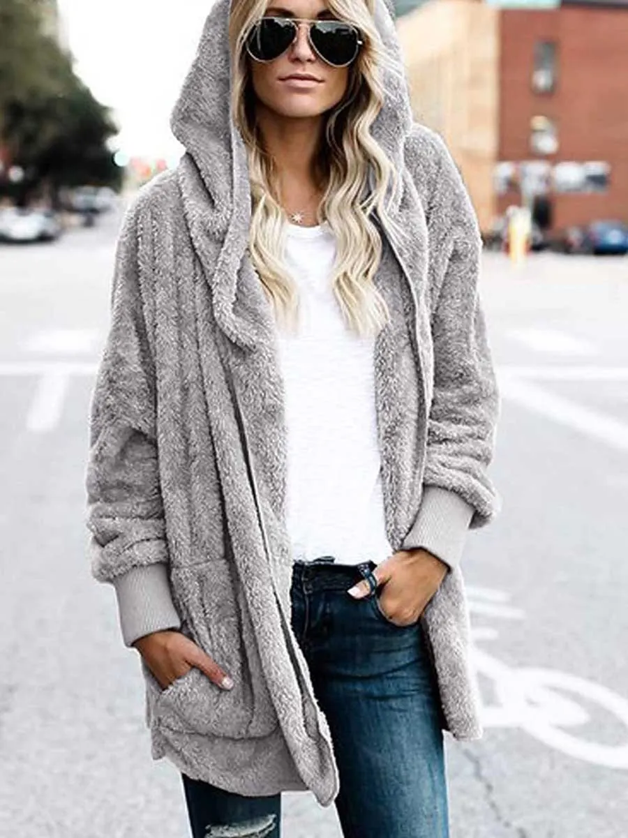 Stunncal Solid Color Fleece Hooded Jacket