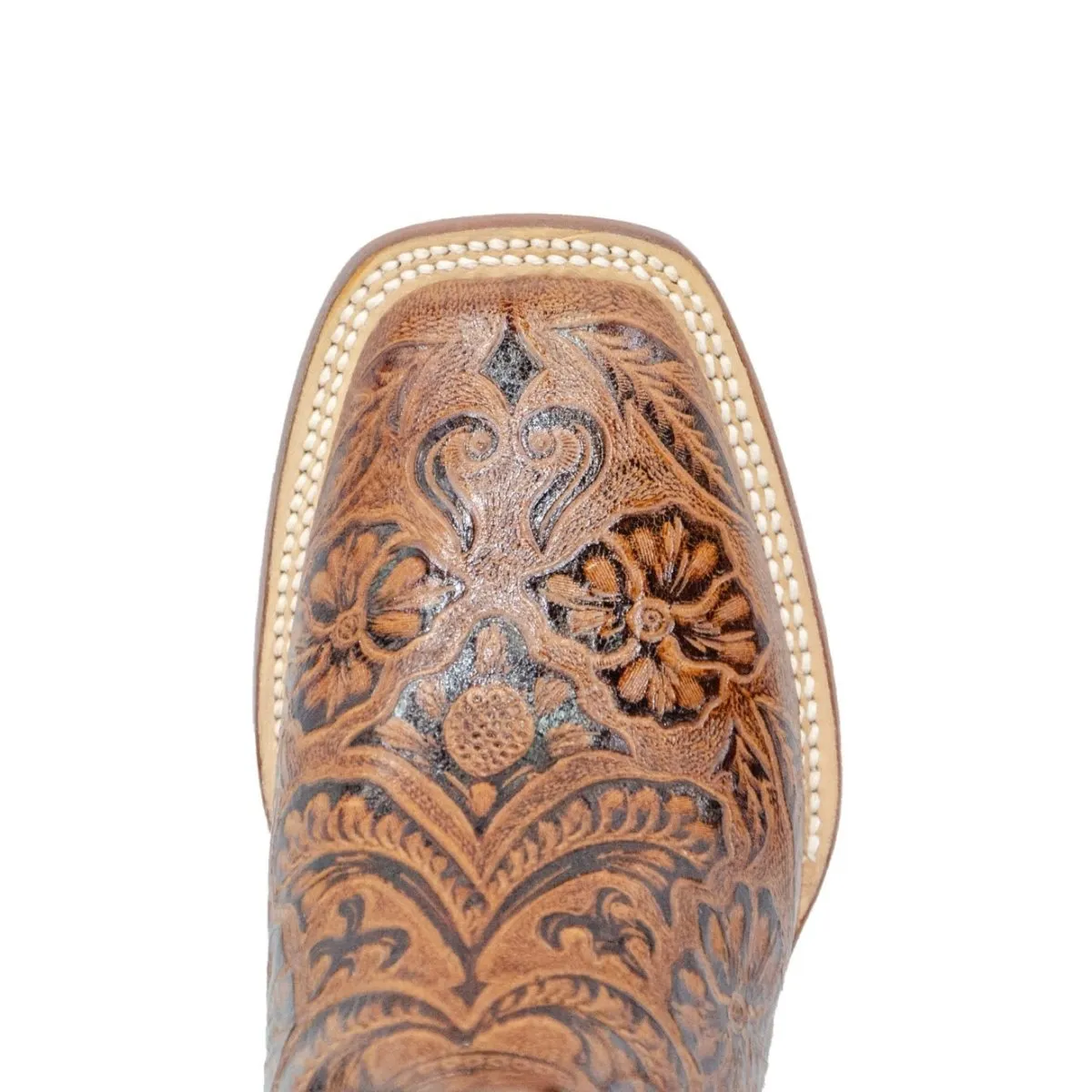 TANNER MARK WOMEN’S Hand Tooled Classic Cognac Cowgirl Boots Whit Marble Cognac Top
