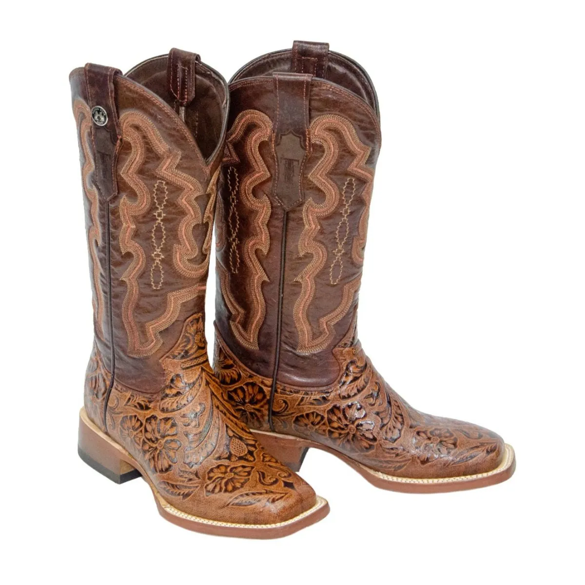 TANNER MARK WOMEN’S Hand Tooled Classic Cognac Cowgirl Boots Whit Marble Cognac Top