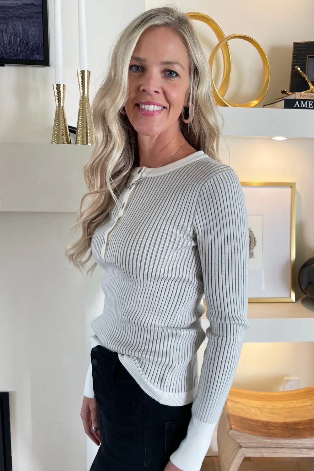 Two-Tone Knit Henley Top