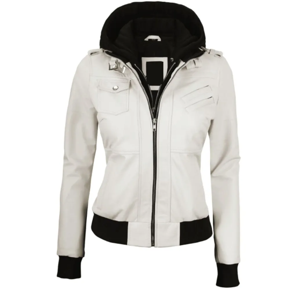 ﻿White Whimsy Biker Hooded Jacket