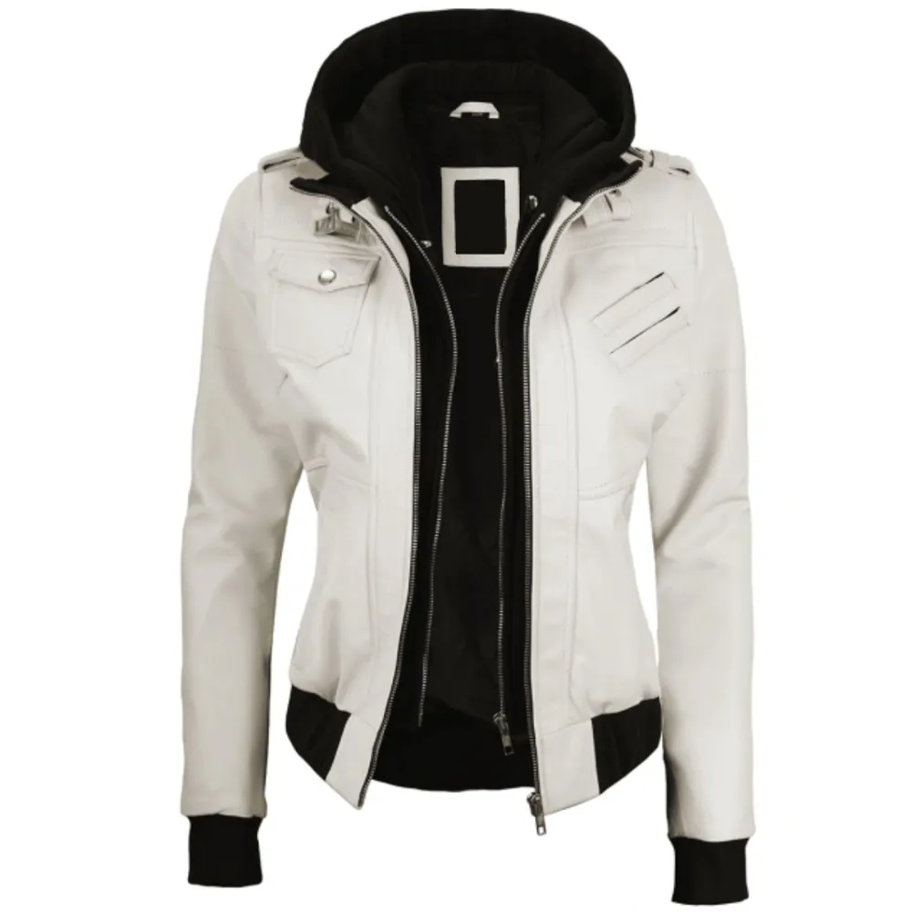 ﻿White Whimsy Biker Hooded Jacket