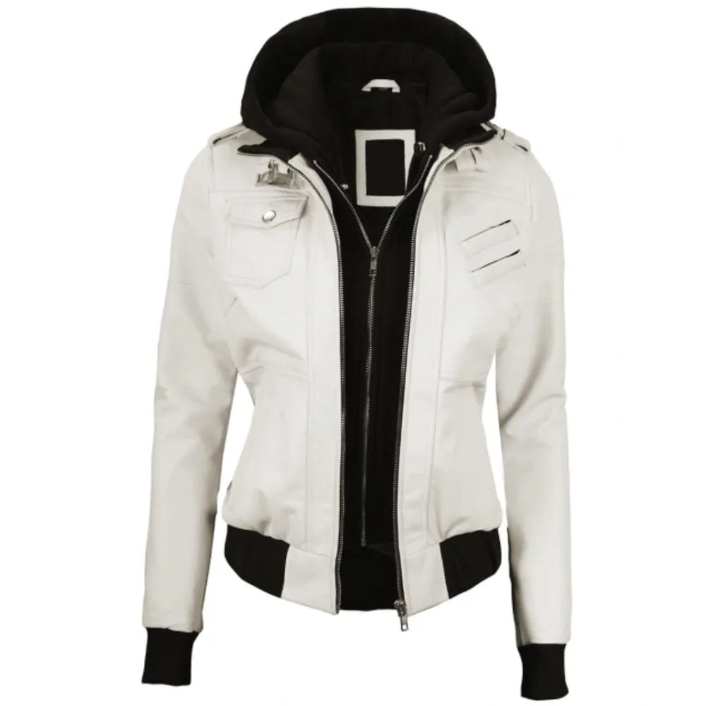 ﻿White Whimsy Biker Hooded Jacket