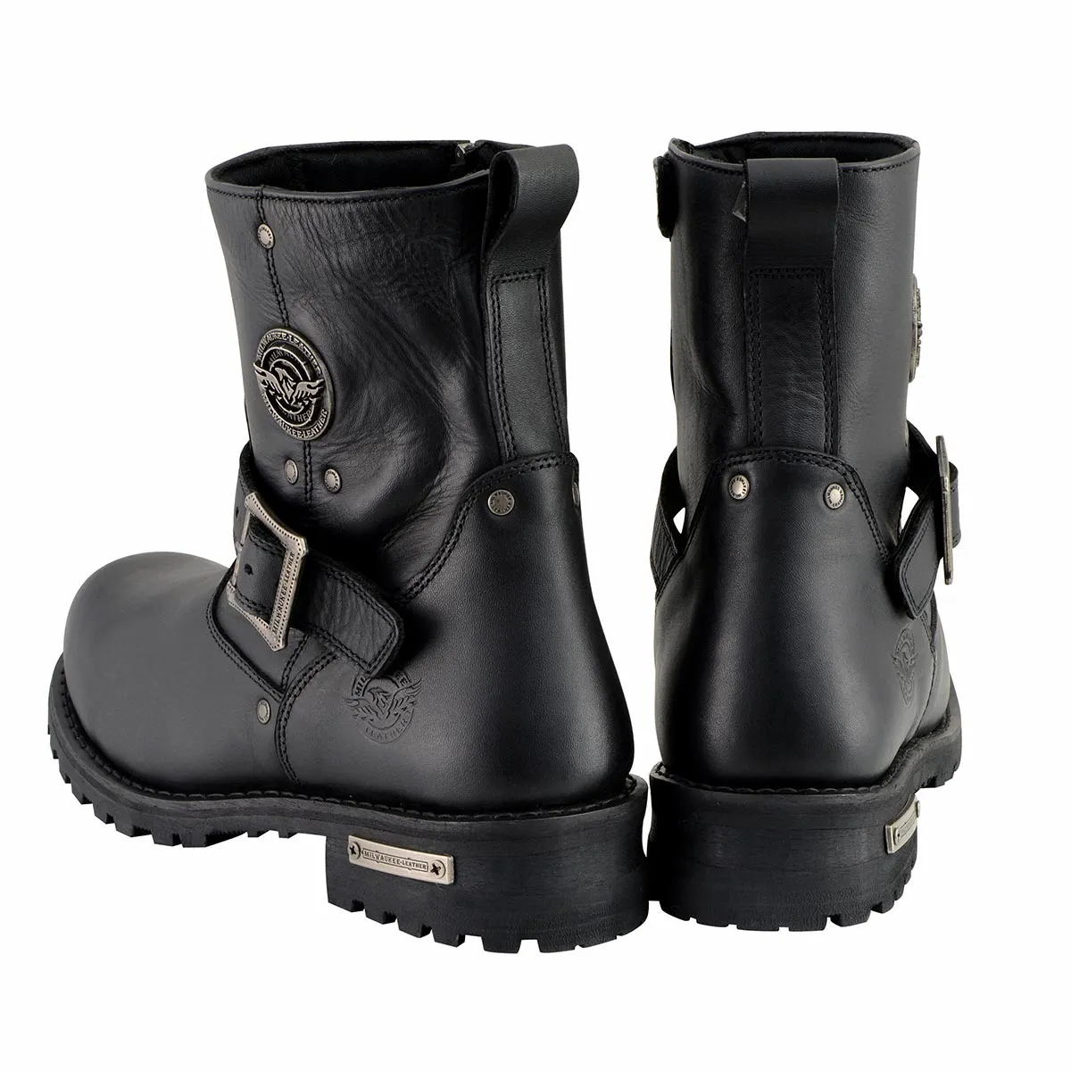 WIDE MBM9040W Men's Black 6-inch Classic Engineer Motorcycle Leather Boots with Side Zipper