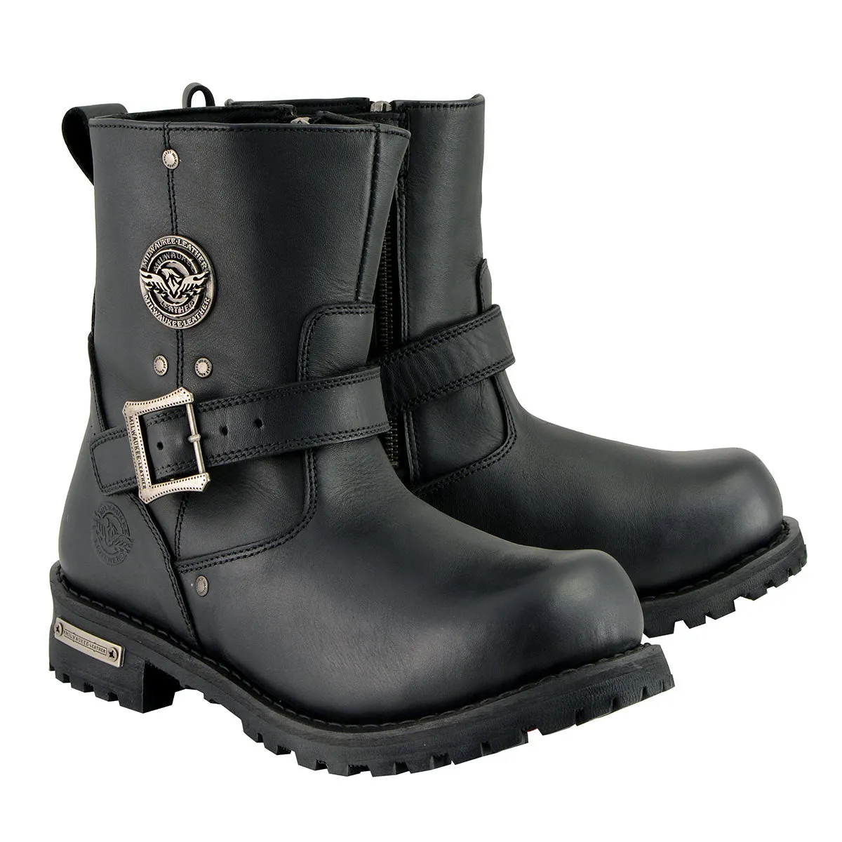WIDE MBM9040W Men's Black 6-inch Classic Engineer Motorcycle Leather Boots with Side Zipper