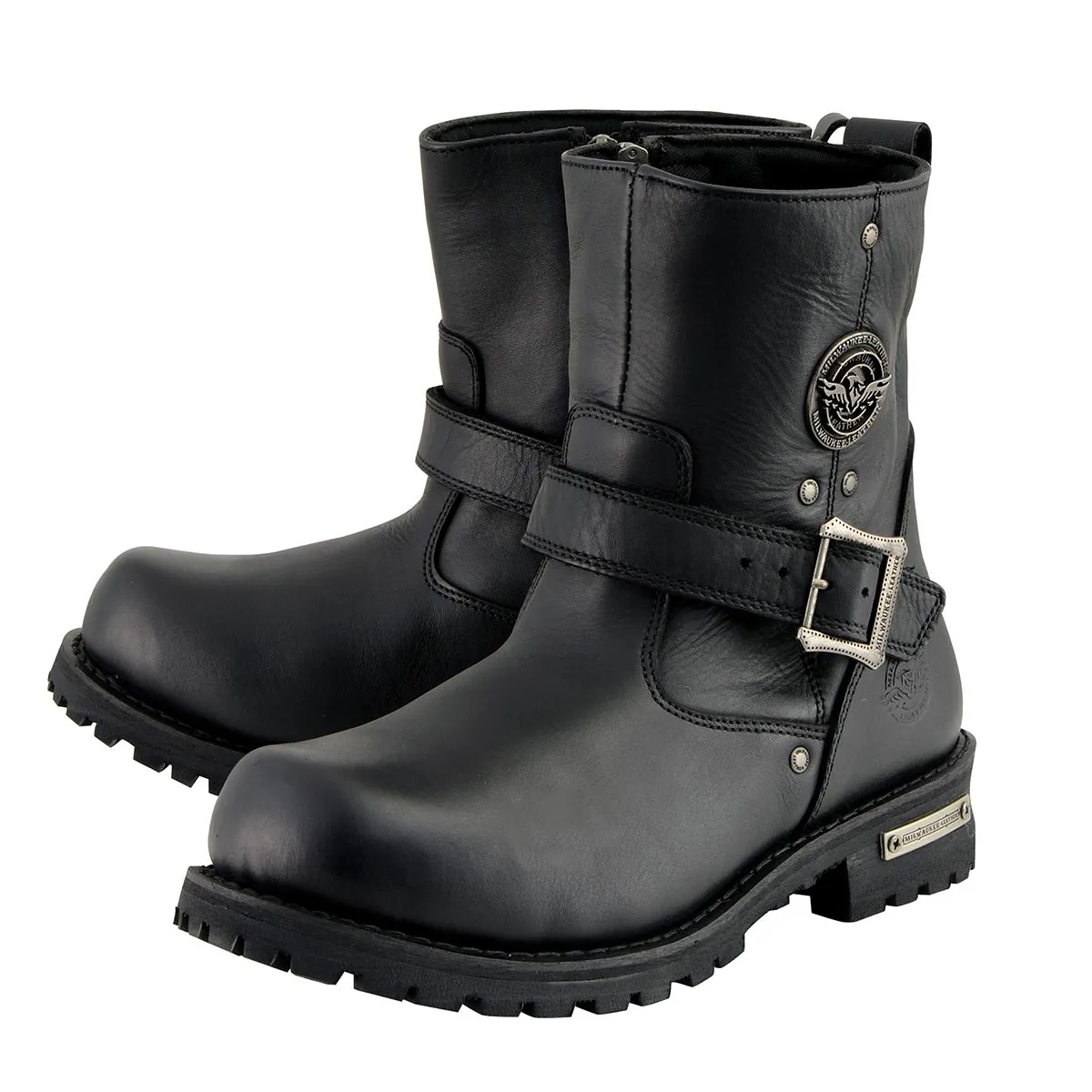 WIDE MBM9040W Men's Black 6-inch Classic Engineer Motorcycle Leather Boots with Side Zipper