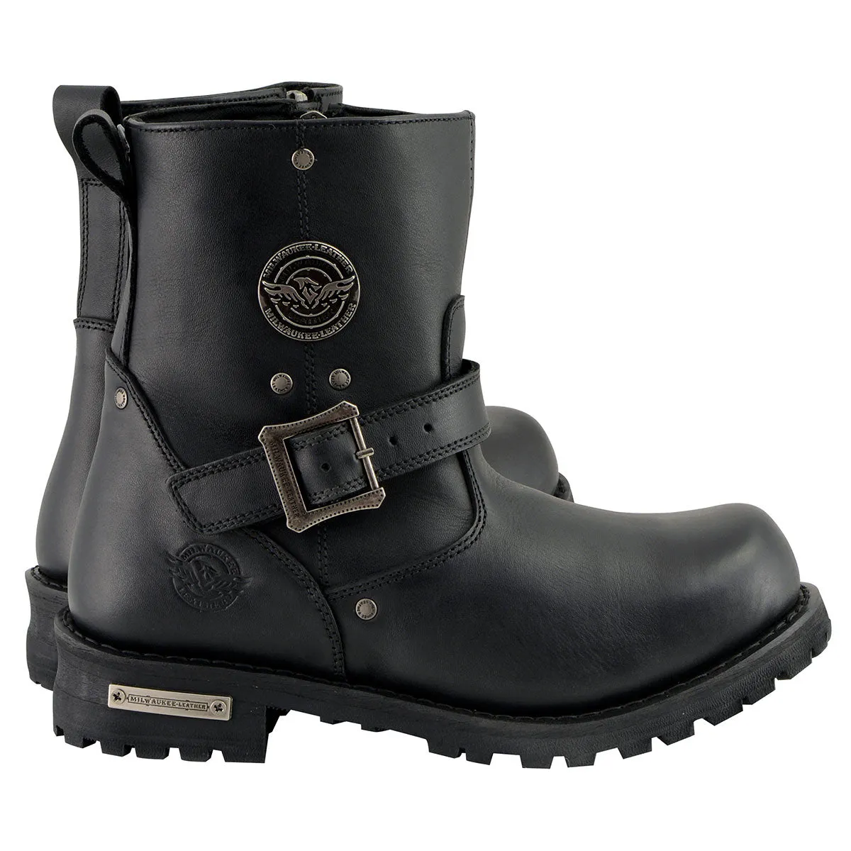 WIDE MBM9040W Men's Black 6-inch Classic Engineer Motorcycle Leather Boots with Side Zipper