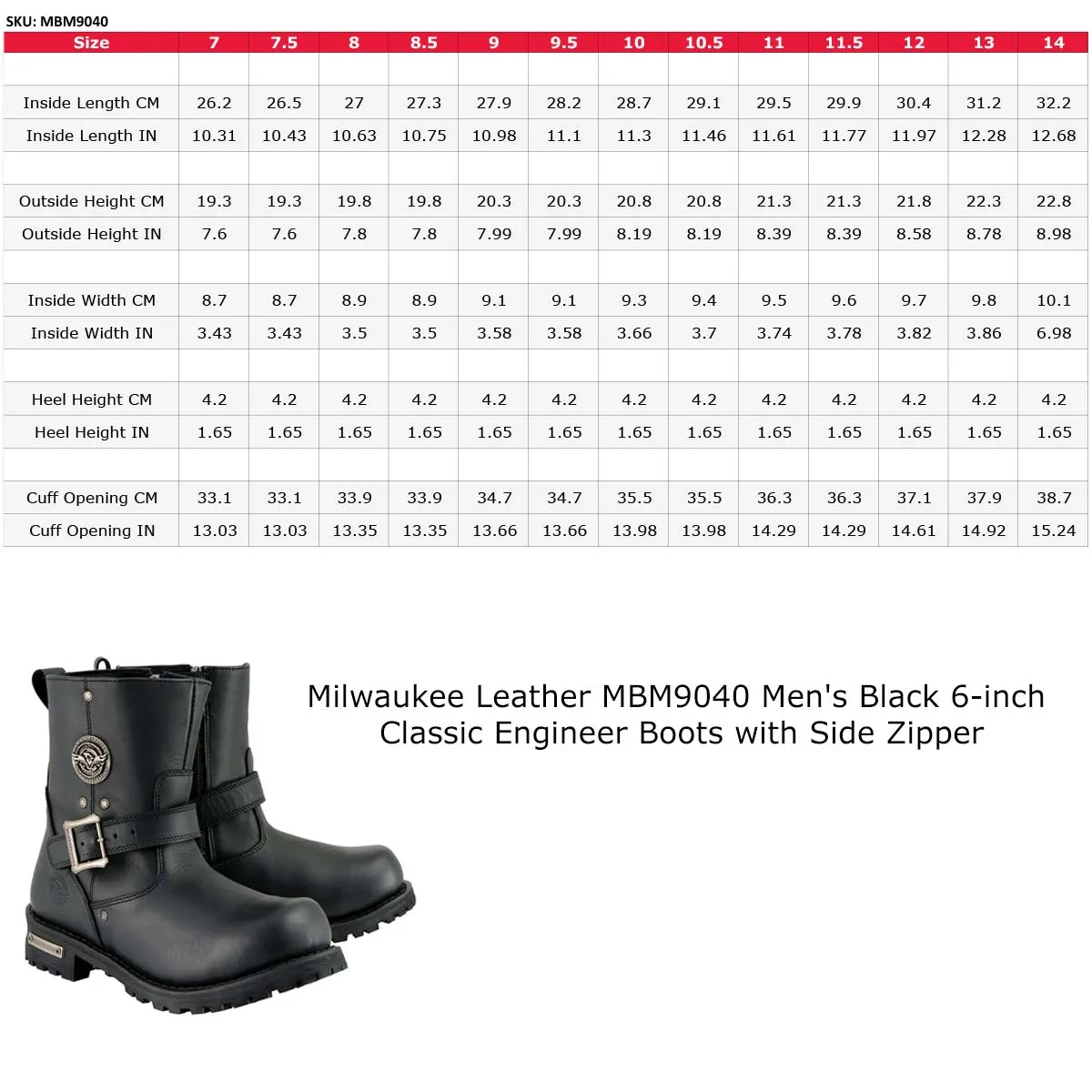 WIDE MBM9040W Men's Black 6-inch Classic Engineer Motorcycle Leather Boots with Side Zipper