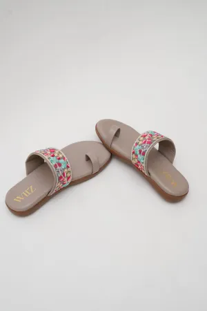 WIIZ WOMEN'S BEIGE SLIPPERS WITH MULTICOLOR EMBROIDERED STRAP