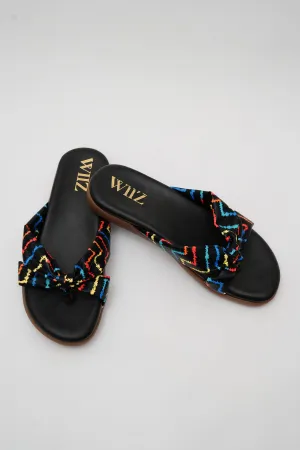 WIIZ WOMEN'S BLACK SLIPPERS WITH MULTICOLOR ZIGZAG FABRIC STRAP