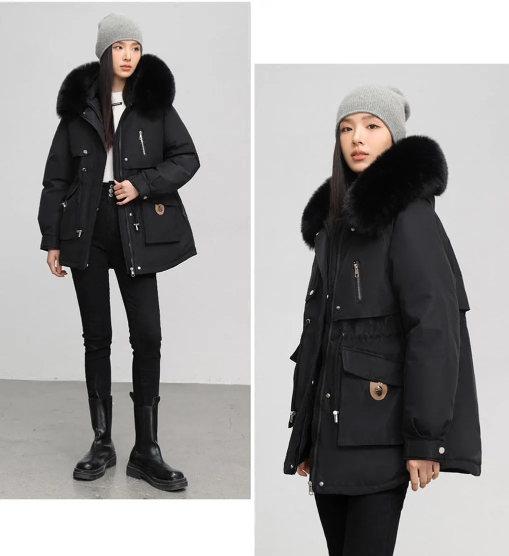 Windproof Hooded Parka for Women with Drawstring Waist and Warm Features