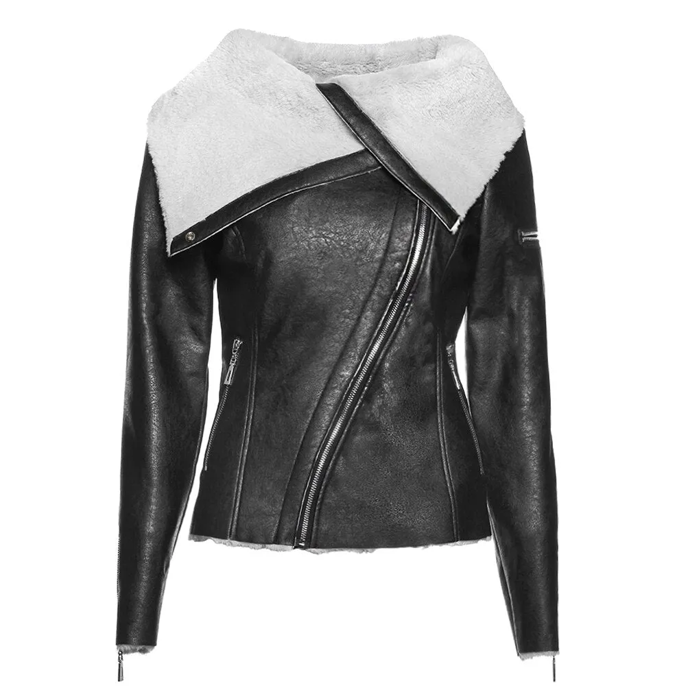 Women Lapel Zipper PU Jackets