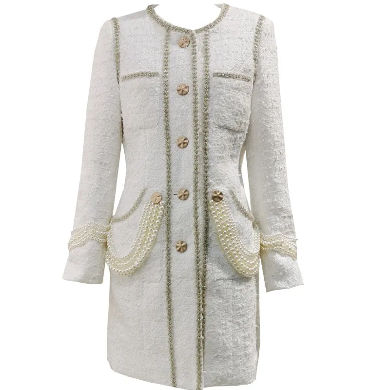 Women Luxury Beads O-neck Tweed Coat Long Sleeve