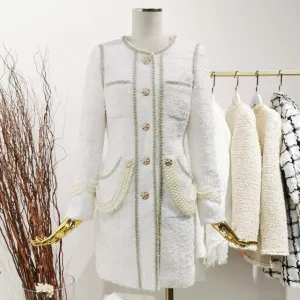 Women Luxury Beads O-neck Tweed Coat Long Sleeve