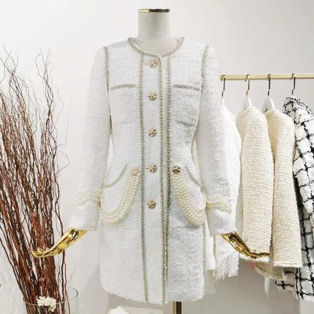 Women Luxury Beads O-neck Tweed Coat Long Sleeve