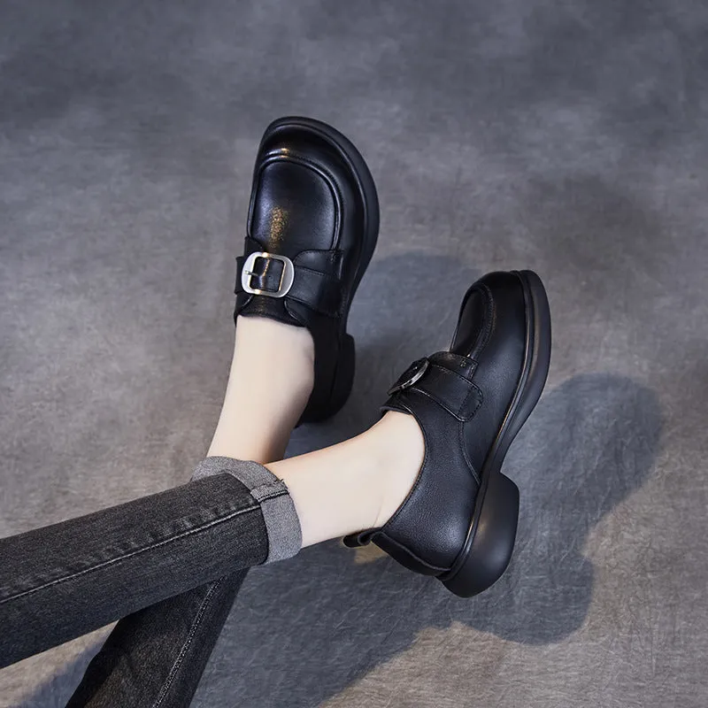 Women Minimalism Solid Leather Buckle Casual Loafers