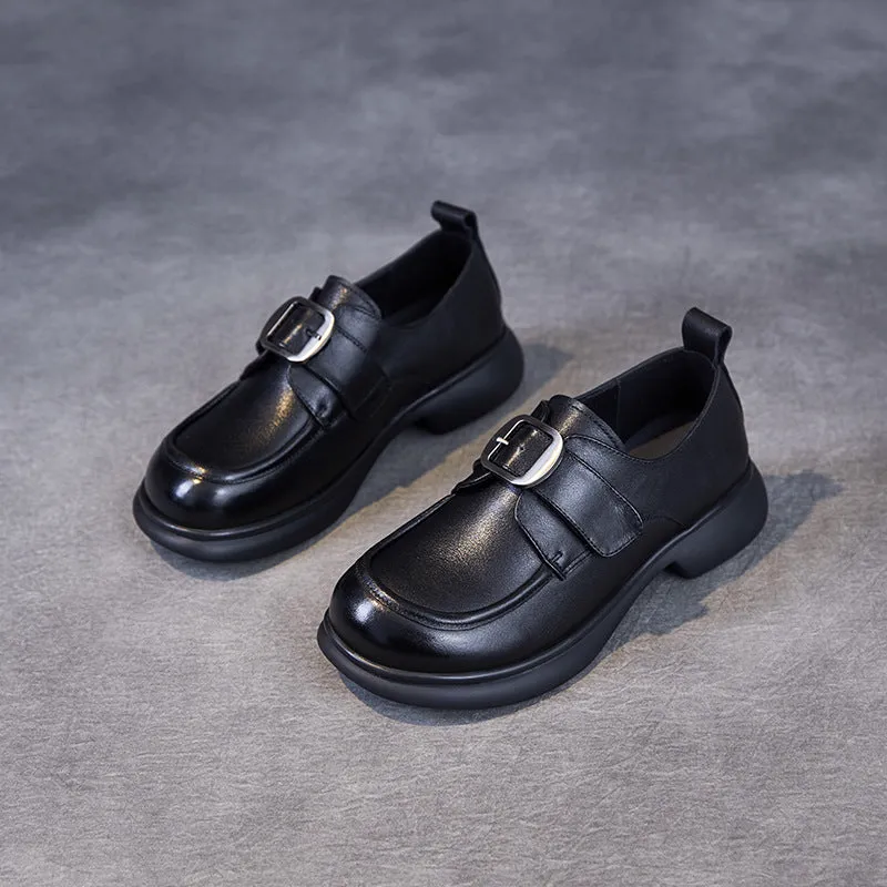 Women Minimalism Solid Leather Buckle Casual Loafers